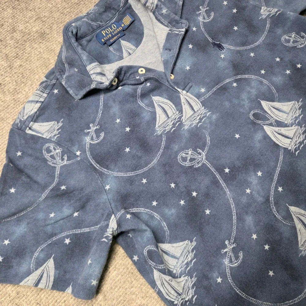 Polo Ralph Lauren Mens Blue Nautical Sailboat Anchor Print Polo Shirt Medium
